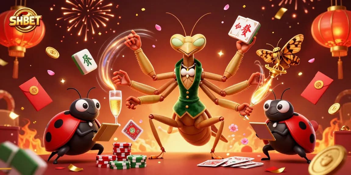 SHBET offers thrilling casino experiences while a ladybug oversees the vibrant gaming scene.