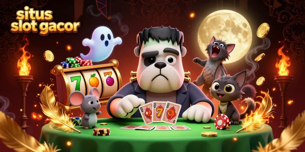 Experience excitement with situs slot gacor as a Frankenstein bulldog monster deals cards at a spooky casino.