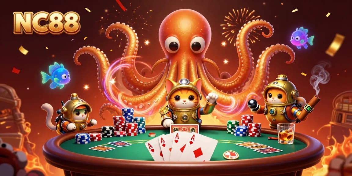 Experience thrilling gaming at NC88 with a dynamic scene featuring kraken and diving cat.