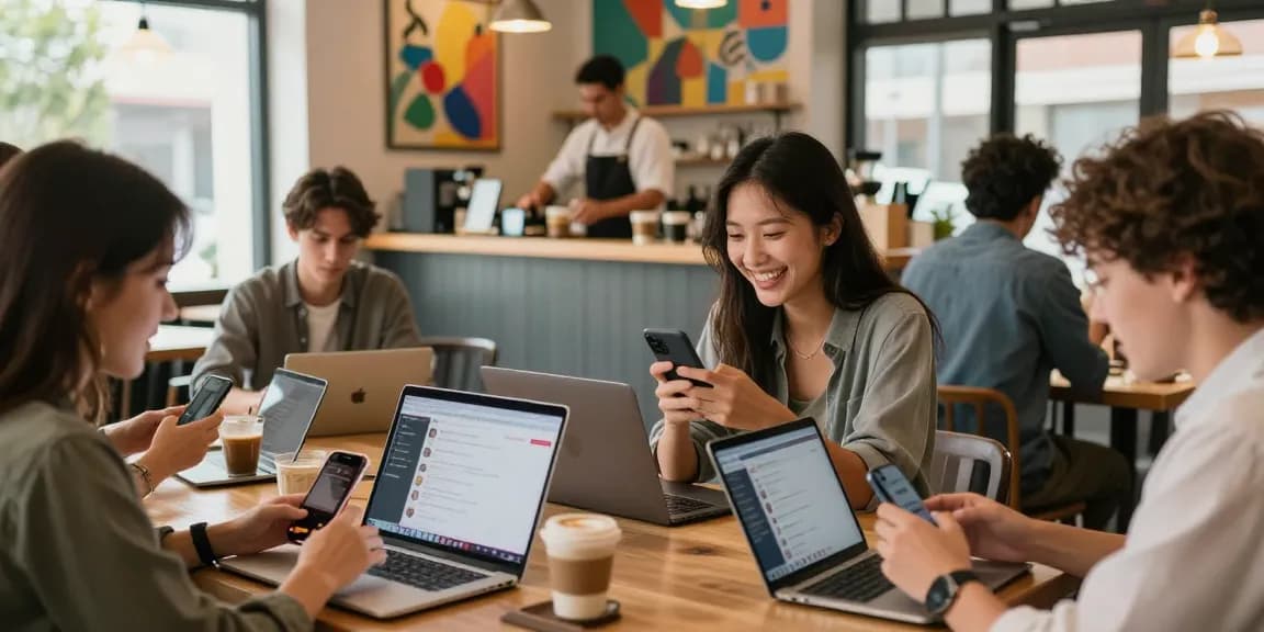Engaging in شات الرياض conversations in a vibrant coffee shop setting, showcasing friendship and technology.