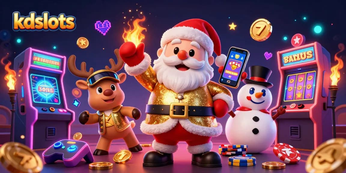 Spin the reels at kdslots with Santa and friends enjoying the casino vibes in vibrant 3D.