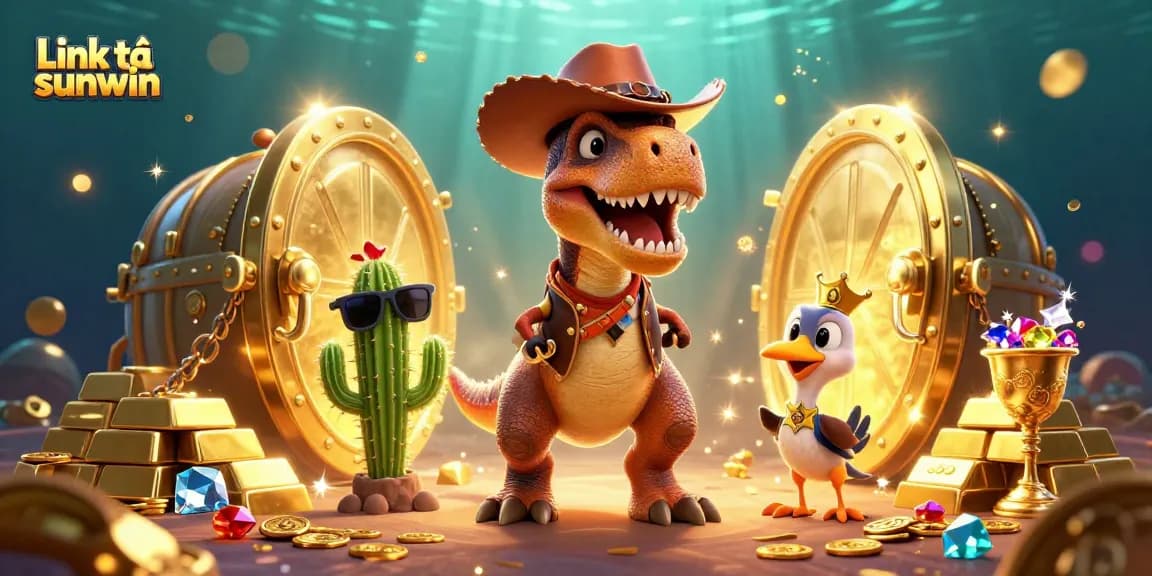 Experience the thrill with Link tải sunwin in this vibrant 3D casino scene filled with treasures.