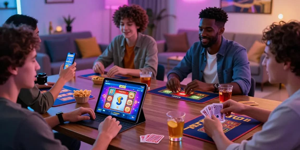Excited players enjoying KO66 mobile casino games in a vibrant home atmosphere.
