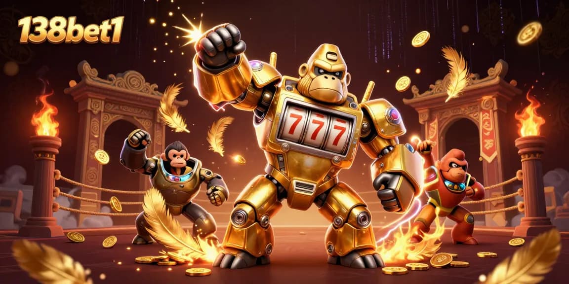 Experience thrilling action at 138bet1 with the golden gorilla mech smashing through exciting slot game elements.