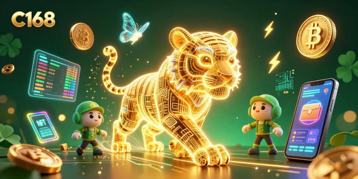 C168 offers thrilling gaming with a vibrant casino atmosphere featuring digital elements and a 3D glowing tiger.