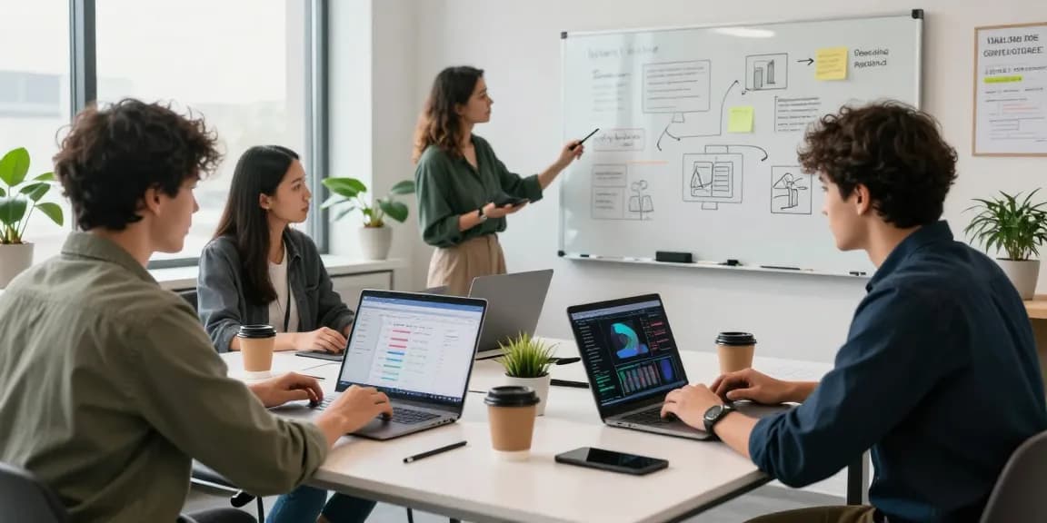 Diverse team collaborating in a modern startup workspace, showcasing AI startups 2026 innovation and teamwork.