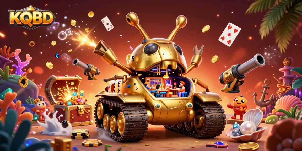 KQBD shows dynamic casino action with a golden beetle tank and treasure chests bursting with winnings
