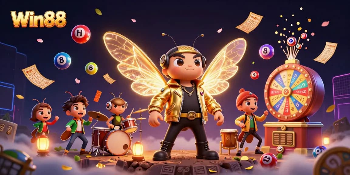 Experience Win88 with a vibrant 3D casino scene featuring a rock star cicada and dynamic lottery elements.