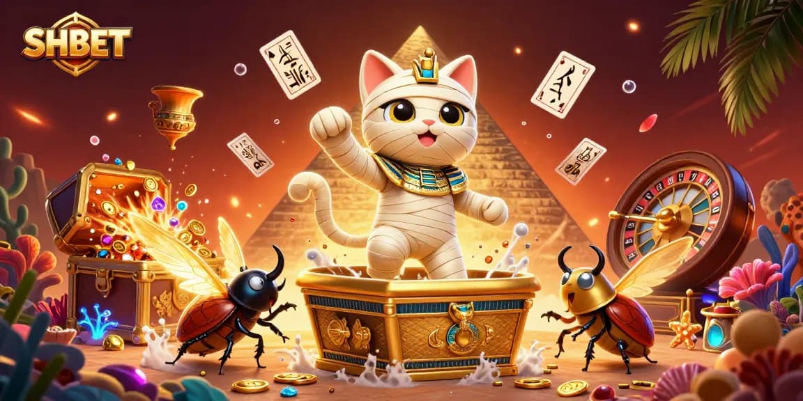 SHBET offers thrilling gaming adventures with a dynamic cartoon scene featuring unique casino elements.