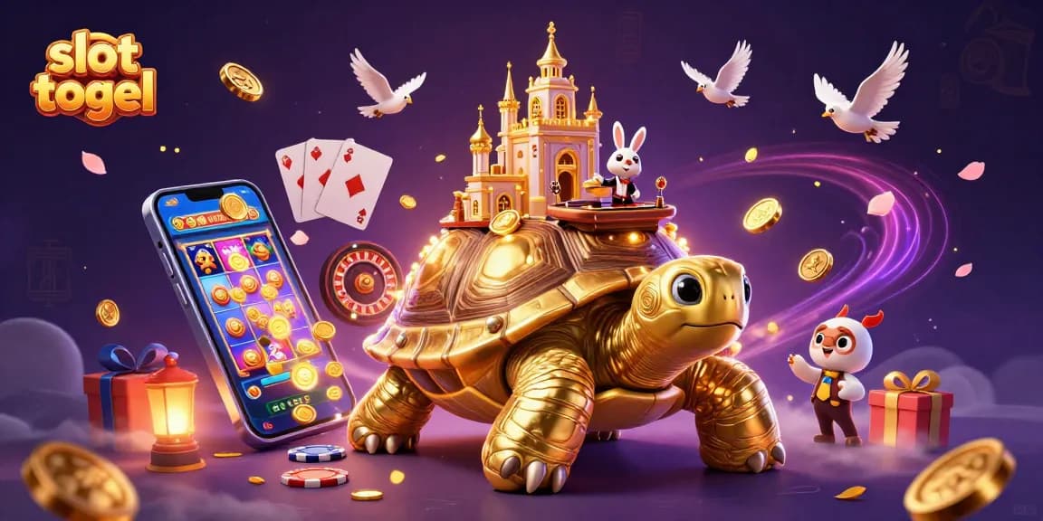 Engage with slot togel in an enchanting 3D world filled with a golden tortoise casino, playful dealer, and flying coins.