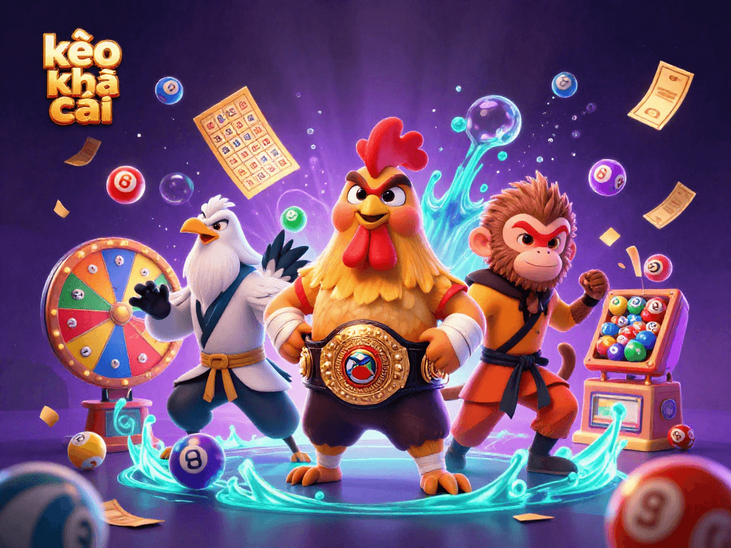 Engage with kèo nhà cái through a vivid, animated scene featuring a fighting rooster, a monkey martial artist, and a wise crane master.