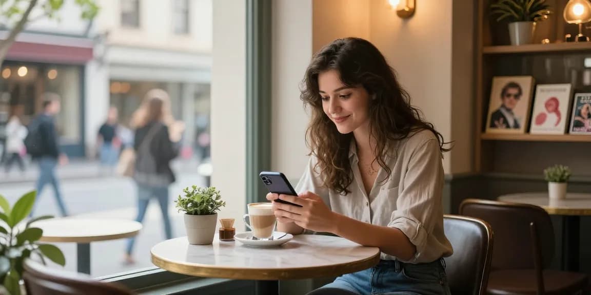 Young woman smiling at her phone after a message from her crush on a dating app in a cozy café.