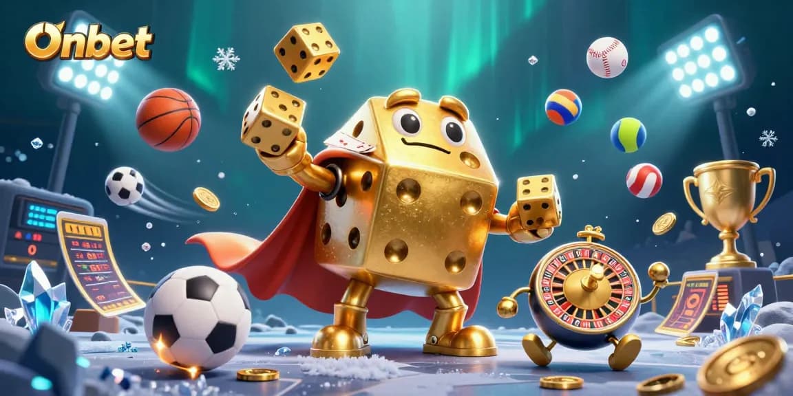 Experience thrilling wins at Onbet with this exciting 3D casino scene featuring golden dice and vibrant sports elements.