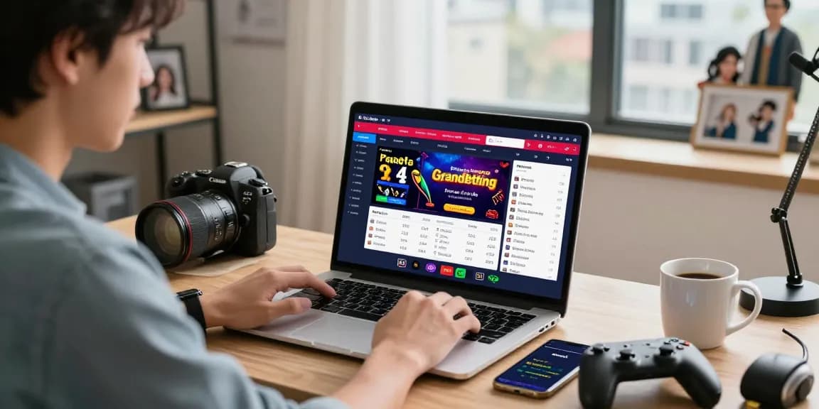 Engaged user exploring Grandbetting online betting options in a cozy home office.
