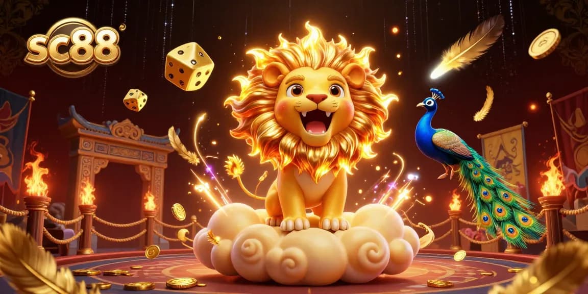 Experience dynamic gaming action at sc88 with golden dice, a roaring lion, and spectacular visuals.