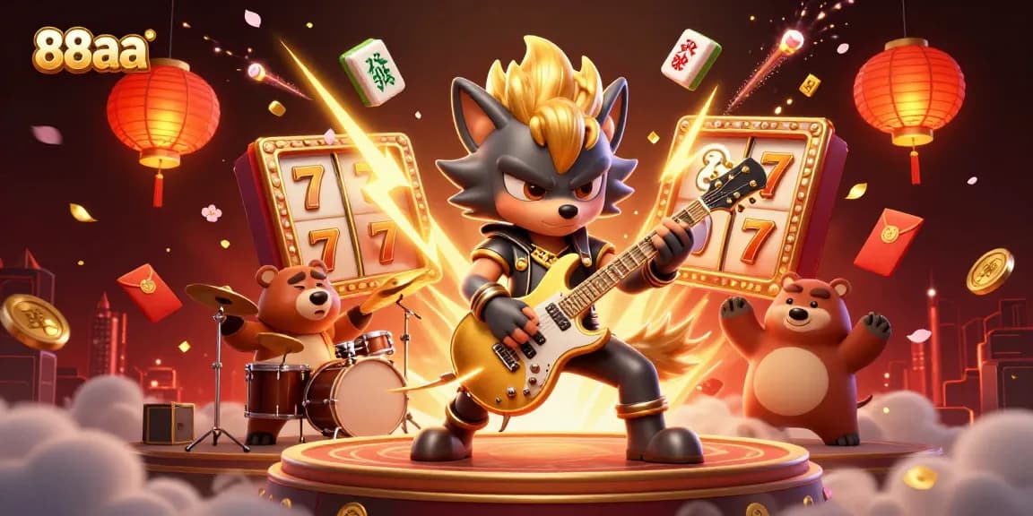 88aa showcases a vibrant casino scene with a wolf rock star shredding guitar, symbolizing winning strategies.