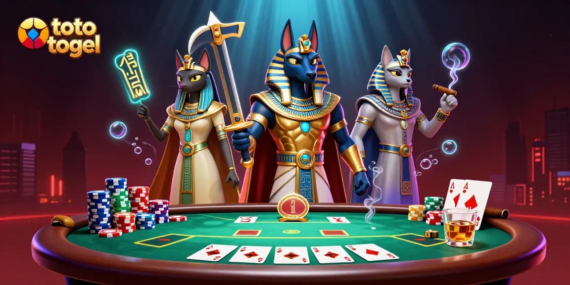 Experience thrilling toto togel action with Anubis and Bastet in this dynamic gambling illustration.