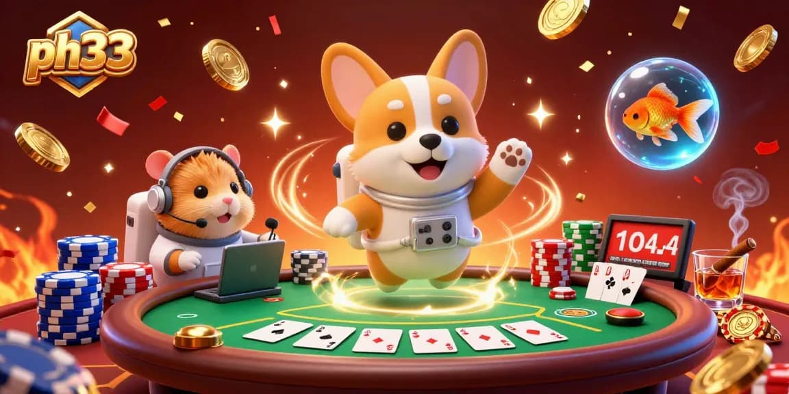 -Floating corgi in space station casino scene with ph33, golden poker chips, and animated fun elements