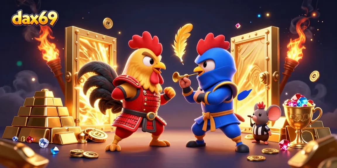 dax69 menghadirkan duel spektakuler antara ayam pejantan bertarung dalam arena perjudian, dengan harta karun yang melimpah di sekitarnya.