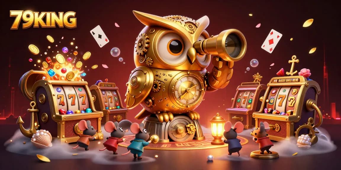 Experience the thrill of 79KING with a vibrant illustration of a golden owl overseeing a crowded casino.