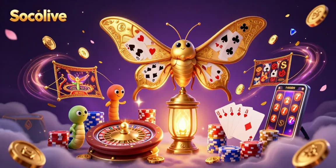 Socolive showcases a vibrant 3D illustration featuring a majestic moth and casino scenes bursting with energy.