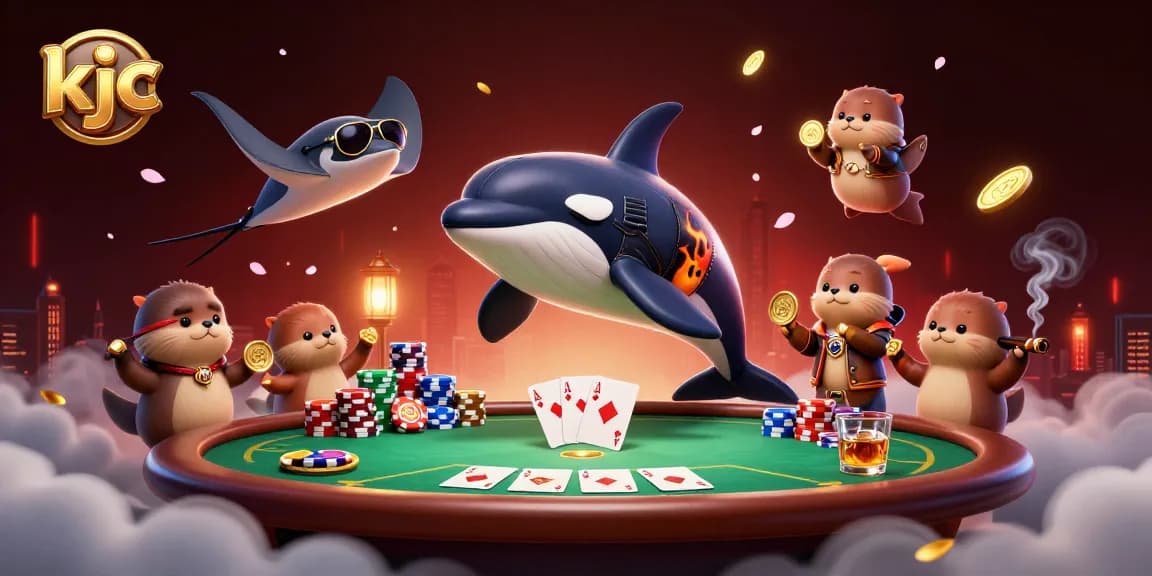 KJC's orca whale and stingray celebrate at a vibrant poker table, showcasing thrilling casino excitement.