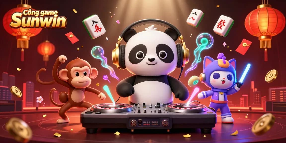 Cổng game Sunwin showcases vibrant gambling-themed 3D characters amidst festive elements for an engaging experience.