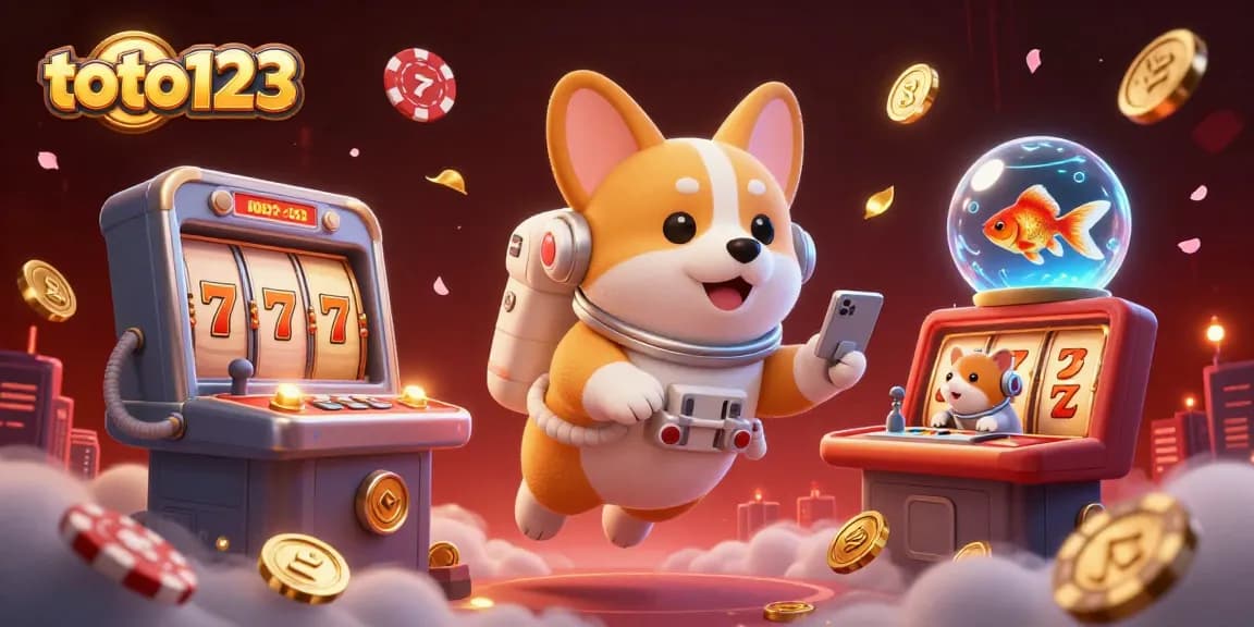 Experience the thrilling atmosphere of toto123 with a 3D astronaut corgi in a casino space station, amidst floating poker chips.
