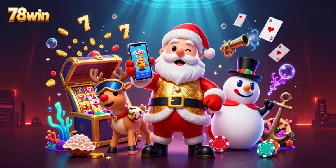 Spin to win with 78win: Santa, a dealer reindeer, and a poker chip snowman celebrate jackpots together!
