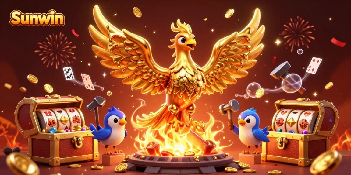 Experience thrilling wins at Sunwin Casino with a stunning phoenix emerging from a golden forge, surrounded by slot reels and treasure.