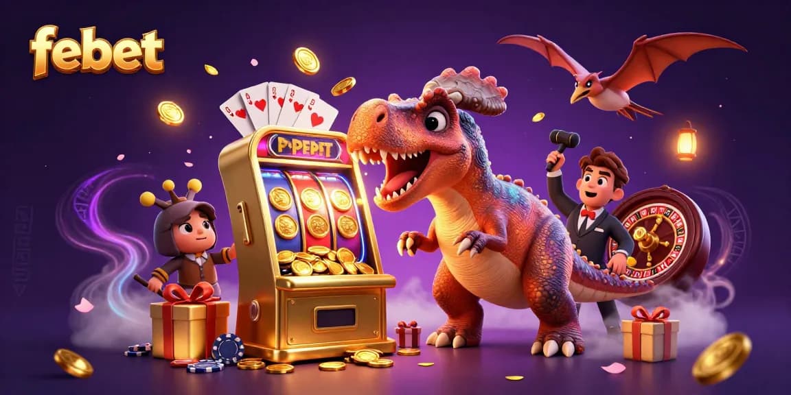 Febet Casino features a dinosaur-themed illustration showcasing fun gambling action with slot machines and flying coins.