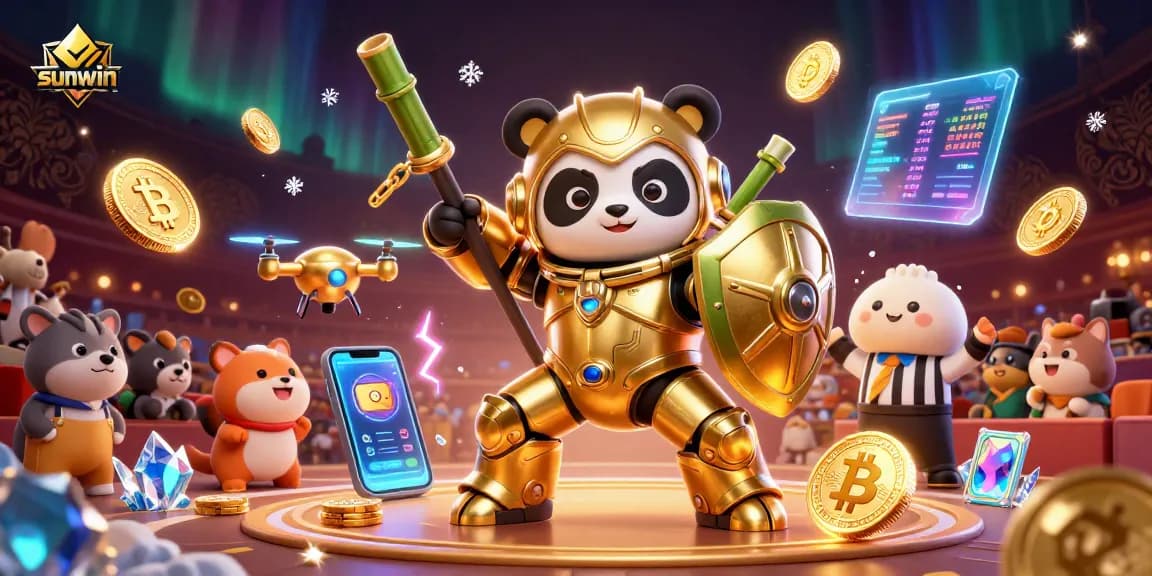 Engage with sunwin's exciting gaming atmosphere featuring a mech-suit panda in a vibrant casino scene.