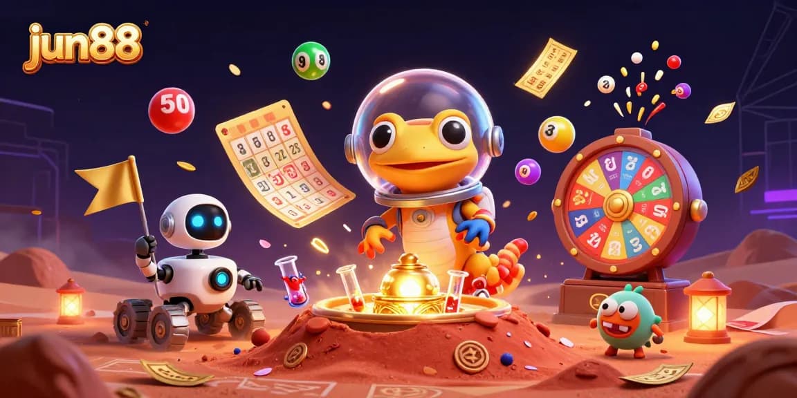 Experience thrilling gaming adventures at jun88 with a vibrant casino-inspired scene featuring dynamic lottery elements.