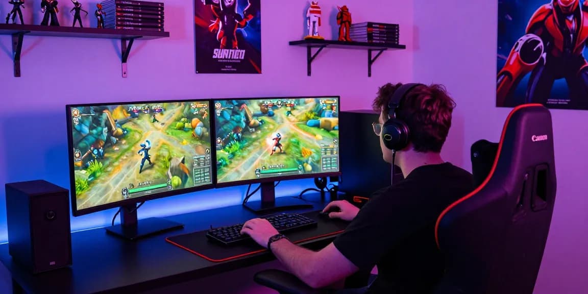 Player engaged in intense gaming session using sunwin platform, dual monitors with vibrant game graphics.