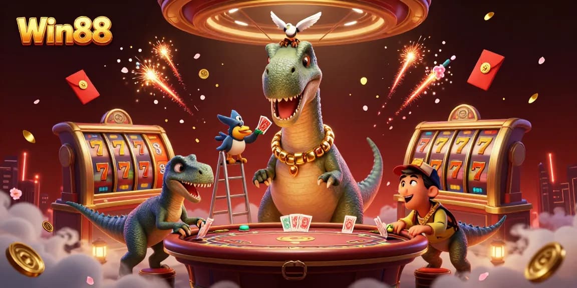 Win88-themed illustration showing a playful casino scene with characters dealing cards and vibrant game elements.