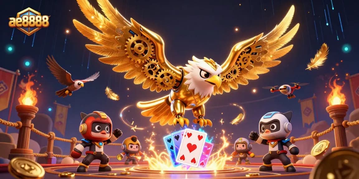 Engage with exciting gameplay at ae8888 with a vibrant 3D illustration of a cybernetic eagle amidst casino elements.