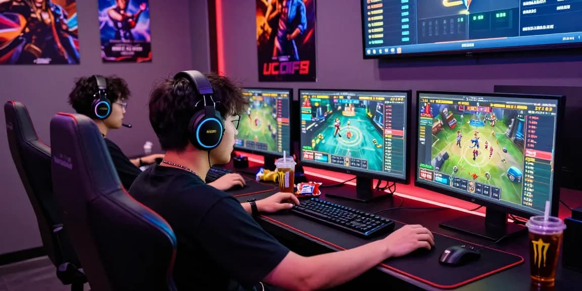 Engaged gamer experiencing LUCK8's exciting online betting atmosphere with multiple screens in a dynamic setup.