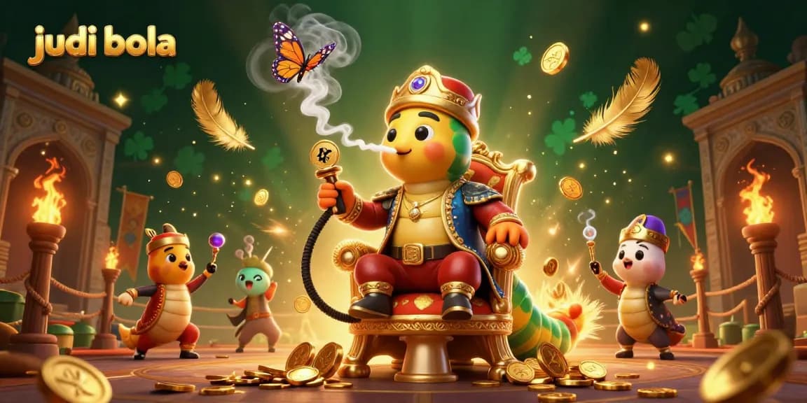 Engage in judi bola with a vibrant 3D illustration showcasing a caterpillar master amidst golden coins and sports symbols.