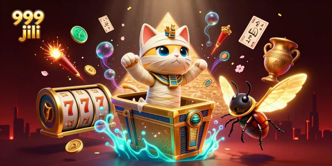 Engage with 999 jili in a vibrant casino scene featuring a mummy cat and dynamic slot elements.