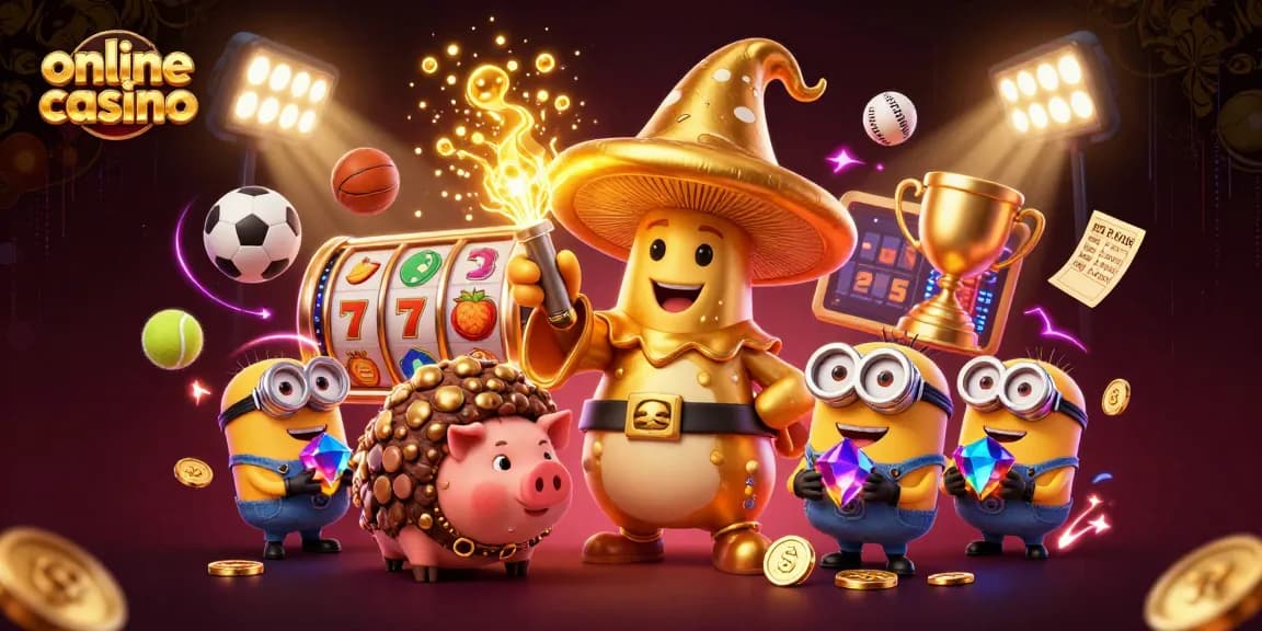 Interactive online casino scene featuring a golden mushroom wizard, truffle pig, and gemstone minions amidst vibrant game elements.