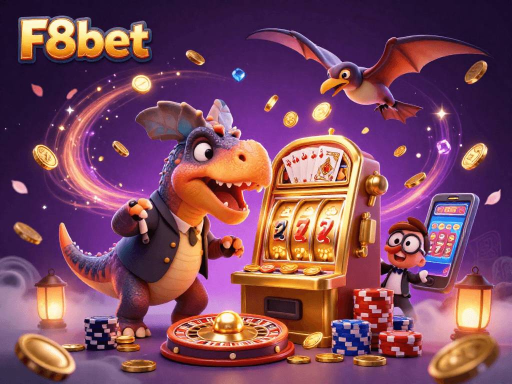 F8bet showcases an exciting scene of casino action with colorful characters and jackpot coins.