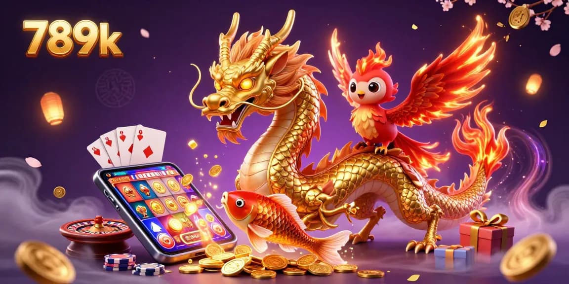 Engage with thrilling 789k gaming action featuring a dragon, phoenix, and koi amidst golden coins and vibrant slot games.