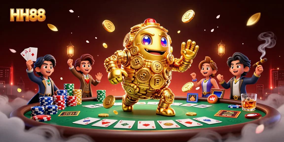 Spin the reels at HH88 with a golden golem surrounded by poker elements, vibrant casino atmosphere