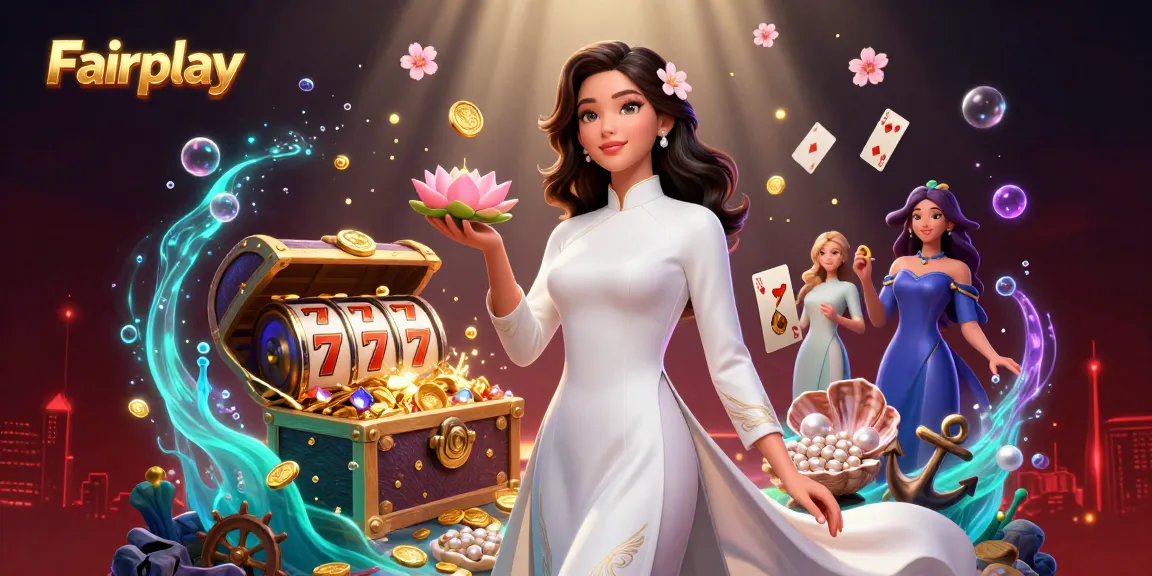 Experience Fairplay's thrilling casino allure with a vibrant, elegant woman amidst dazzling game elements.