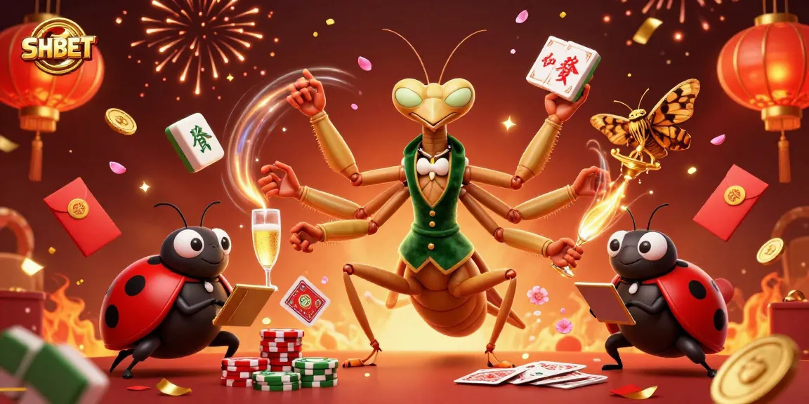 SHBET offers thrilling casino experiences while a ladybug oversees the vibrant gaming scene.