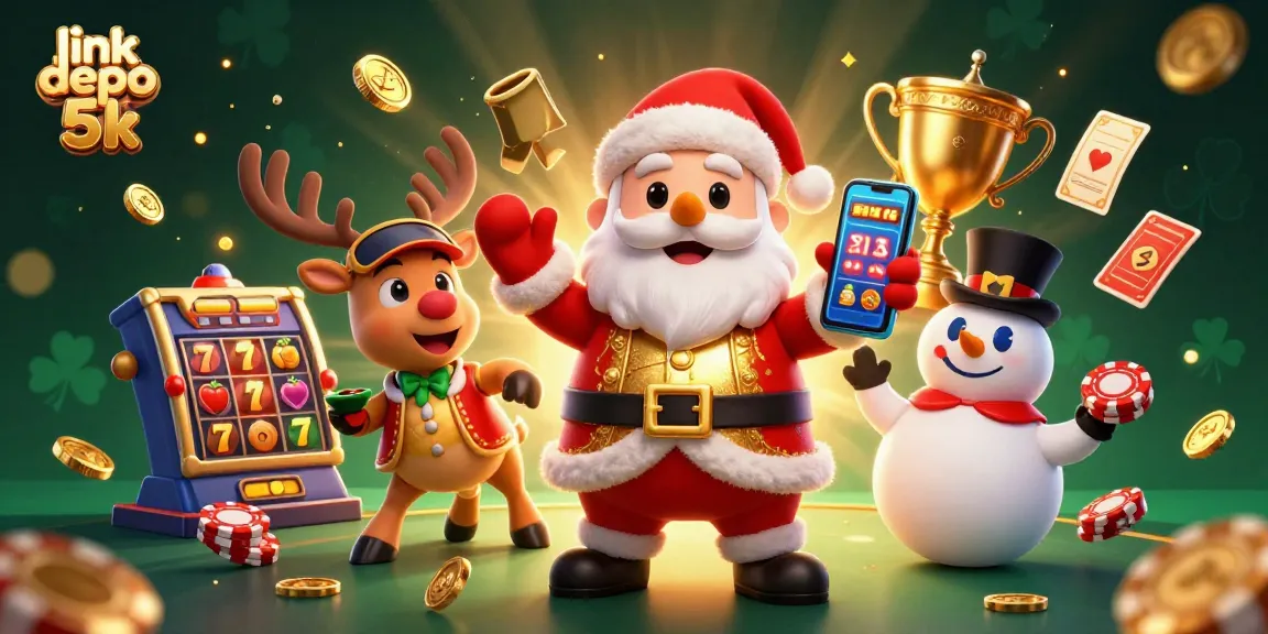 Experience excitement at link depo 5k with Santa and friends celebrating jackpot slots in an engaging casino scene.