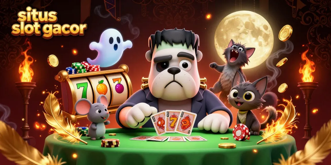 Experience excitement with situs slot gacor as a Frankenstein bulldog monster deals cards at a spooky casino.