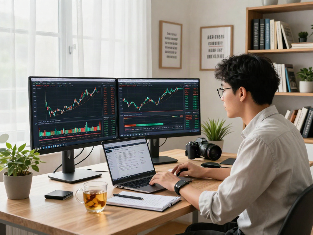 Focused analyst evaluating depo 10k investment strategies in a modern home office with stock market graphs.