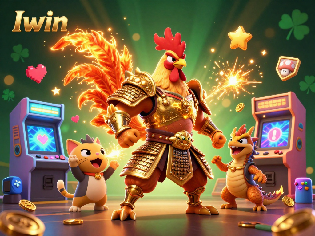 Iwin showcases a vibrant casino-themed illustration featuring a powerful rooster warrior, an armored dragon, and game elements.