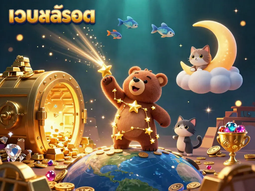 Engaging เว็บสล็อต scene featuring a constellation bear and treasures, emphasizing online gaming excitement.